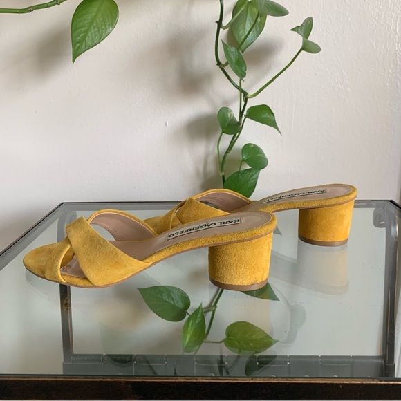 Karl Lagerfeld Fawn Yellow Leather Suede Open Toe Slide Block Heel Sandal Size 6 - Picture 7 of 15